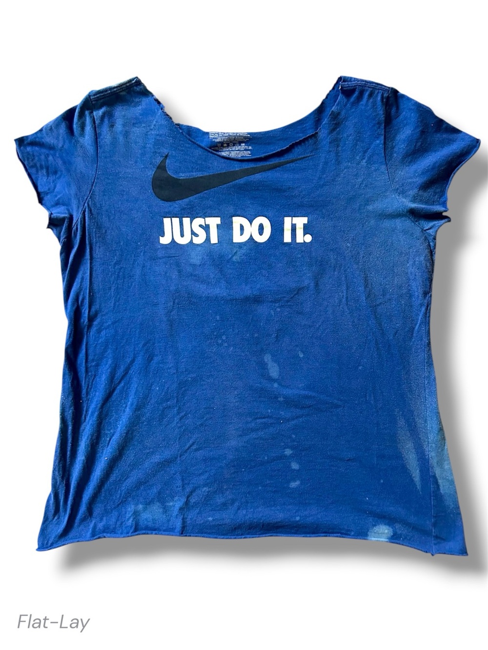 Upcycled Nike Just Do It Bleached Cutout Tee Royal Blue Raw Edge Distressed S/M